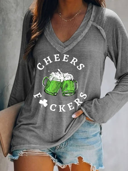 

Women's St. Patrick's Day Cheers F*uckers Clover Long-Sleeve T-Shirt, Gray, Long sleeves