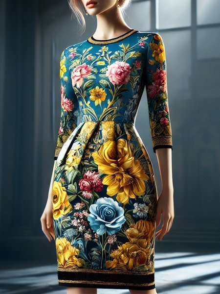 

Elegant Floral Printing Crew Neck Mini Dress, As picture, Midi Dresses