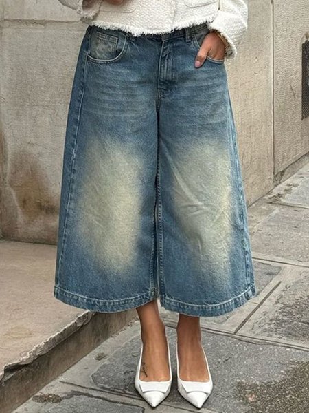 Casual Denim Plain Wide leg Jeans, Blue, Jeans
