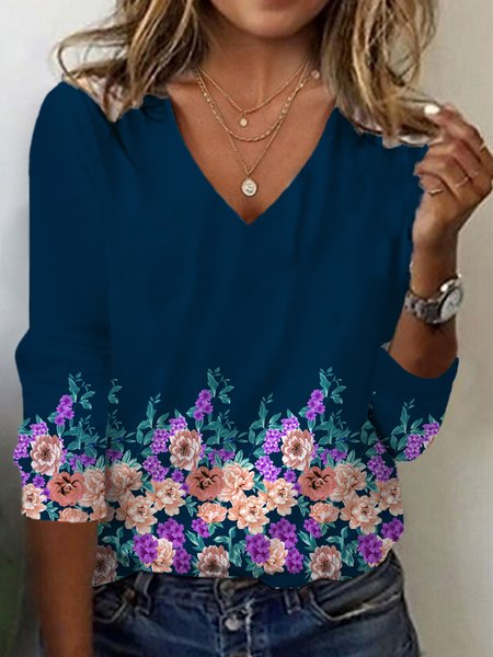 

Casual Floral V Neck Long Sleeve T-shirt, Purplish blue, T-shirts