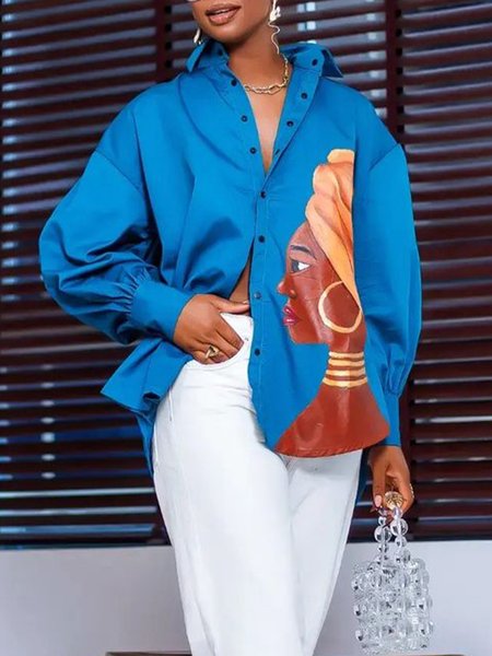 

Urban Shirt Collar Balloon Sleeve Blouse, Blue, Blouses and Shirts