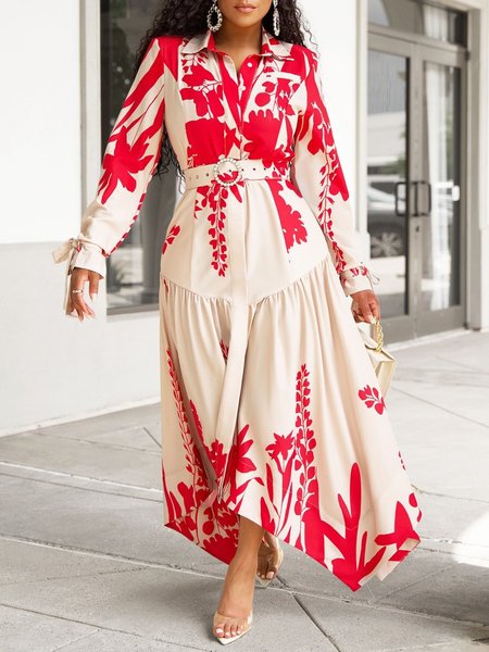 

Elegant Floral Shirt Collar Maxi Dress With Belt, As picture, Maxi Dresses