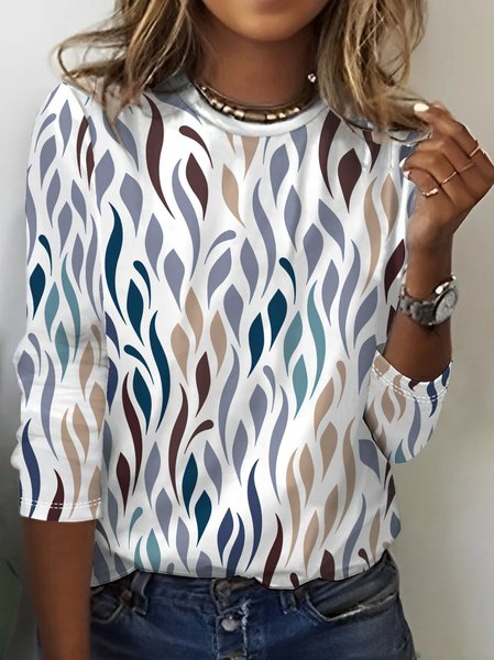 Abstract Print Long Sleeve Crew Neck T-shirt, White, Long sleeves