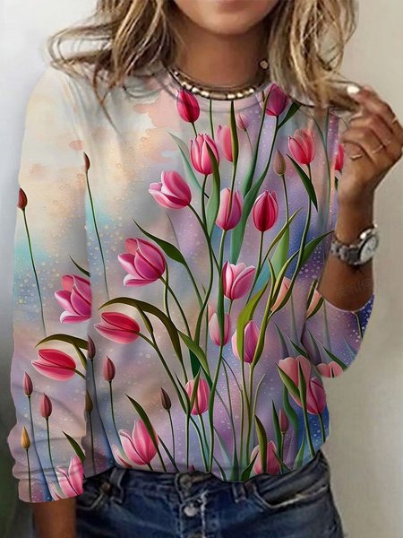 

Casual Floral Crew Neck Long Sleeve T-shirt, Rose red, T-shirts