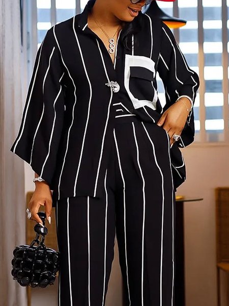 

Urban Striped Stand Collar Shirt With Brooch, Black, Blouses and Shirts
