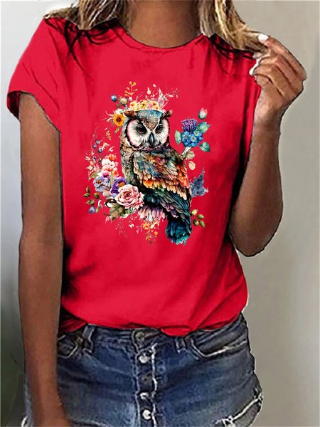 

Women's Short Sleeve Tee T-shirt Summer Bird Cotton-Blend Crew Neck Daily Going Out Casual Top, Red, T-Shirts