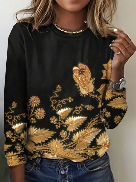 

Retro floral print casual long sleeved T-shirt, Black, Long sleeves