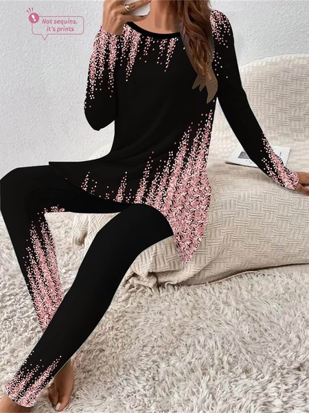 

Women Abstract Crew Neck Long Sleeve Comfy Casual Top With Pants Two-Piece Set, Pink, Sets