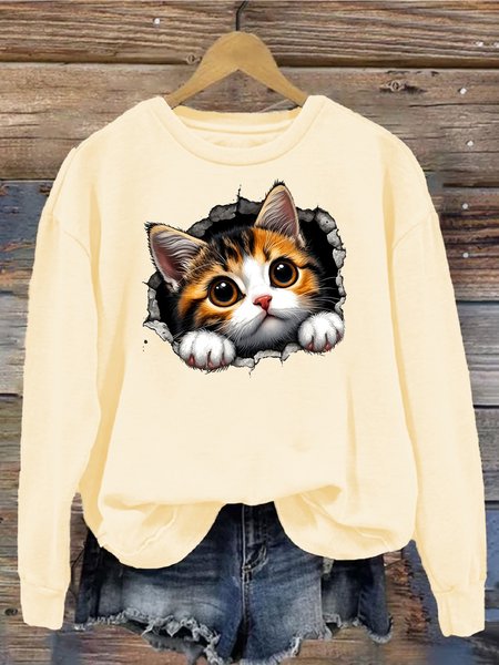 

Women's Crew Neck Cat Casual Spring/Fall Long Sleeve Sweatshirt, Apricot, Sweatshirts & Hoodies