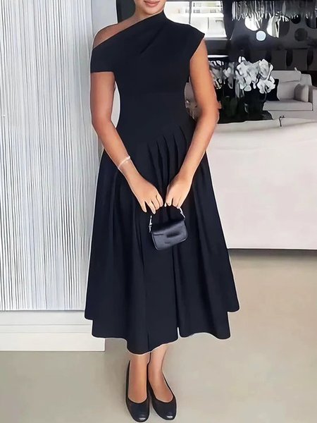 Elegant Plain Irregular Craftsmanship Maxi Dress, Black, Midi Dresses