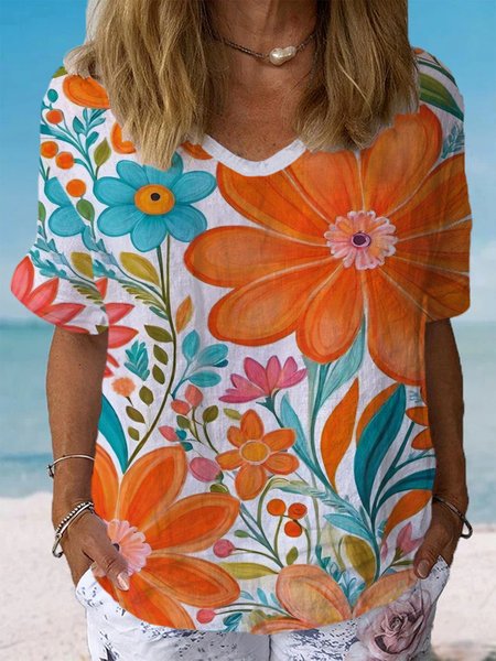 

Crew Neck Short Sleeve Floral Regular Loose TUNIC Blouse For Women, Orange, Blouses