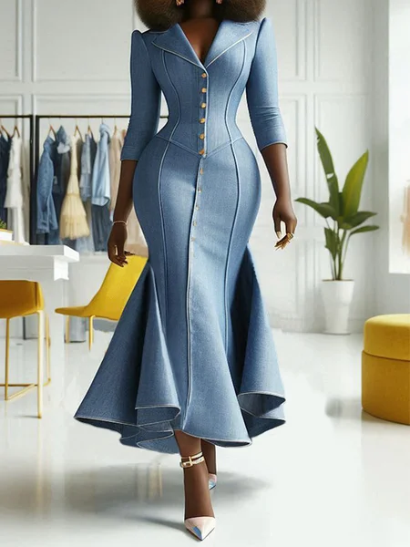 

Elegant Plain Buttoned Shawl Collar Faux Denim Maxi Dress, Denim blue, Maxi Dresses