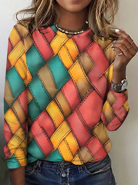 

Vintage Plaid Crew Neck Long Sleeve T-shirt, Pink, T-shirts