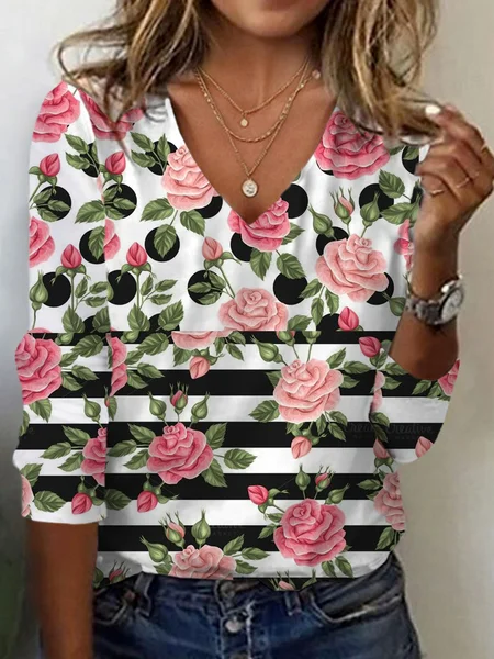 

Women's Long Sleeve Tee T-shirt Spring/Fall Floral Jersey V Neck Daily Going Out Casual Top, Pink, T-Shirts