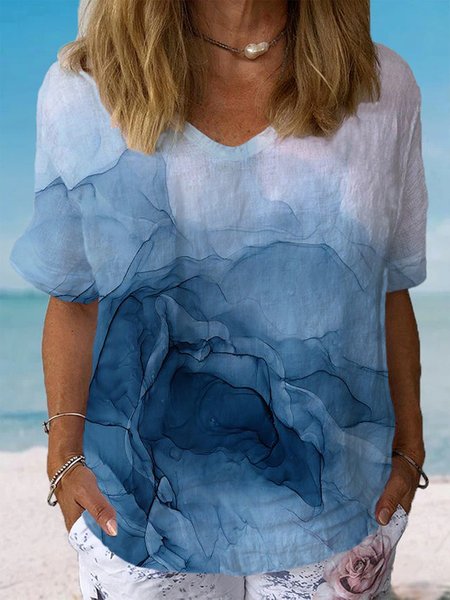 Abstract Print Short Sleeve V-Neck Blouses, Blue, Blouses