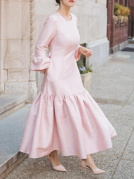 

Elegant Plain Ruffle Sleeve Crew Neck Maxi Dress With Belt, Light pink, Maxi Dresses