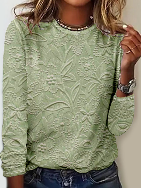 

Casual Long Sleeve Round Neck T-Shirt, Lightgreen, Long sleeves
