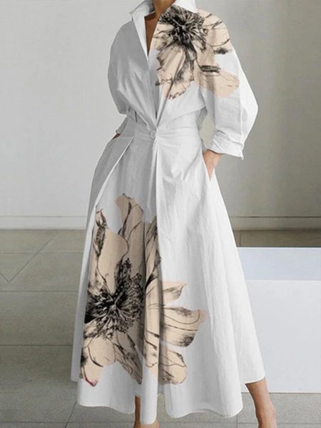 

Elegant Floral Shirt Collar Maxi Dress, White, Maxi Dresses