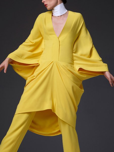 

Elegant Plain Irregular Craftsmanship V Neck Dolman Sleeve Blouse, Yellow, Blouses and Shirts