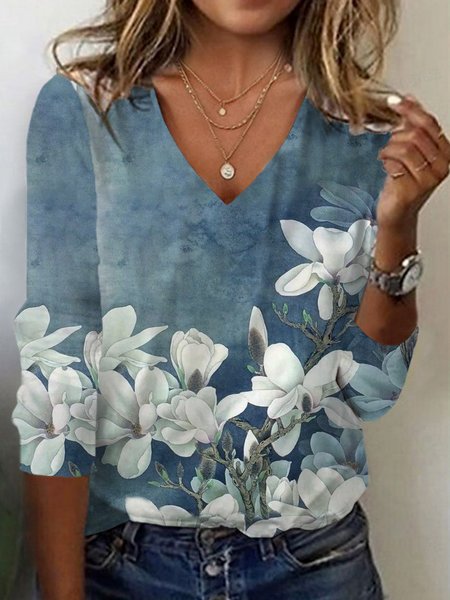 

Floral Print Long Sleeve Crew Neck T-shirt, Blue, Long sleeves