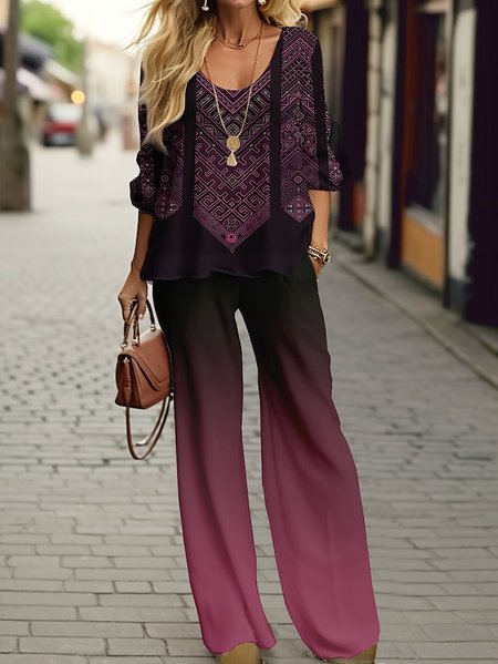 

Women's Ethnic Daily Going Out Two Piece Set Long Sleeve Casual Spring/Fall Top With Pants Matching Set, Rose red, Suit Set
