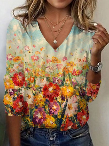 

Women's Long Sleeve Tee T-shirt Spring/Fall Floral Jersey V Neck Daily Going Out Casual Top, Multicolor, T-Shirts