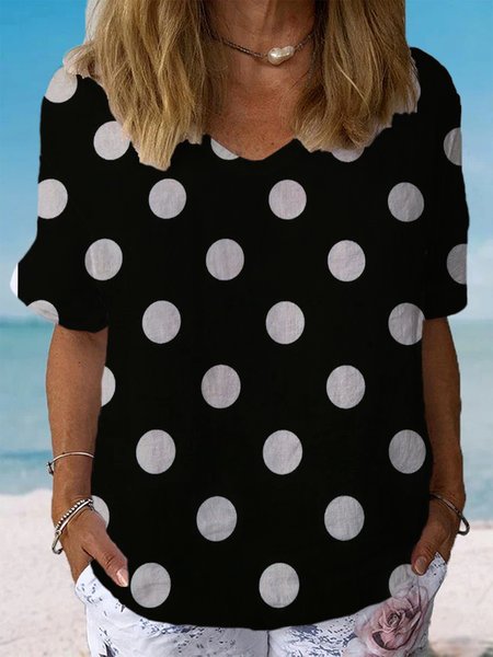 

Polka Dots Print Short Sleeve V-Neck Blouses, Black, Blouses