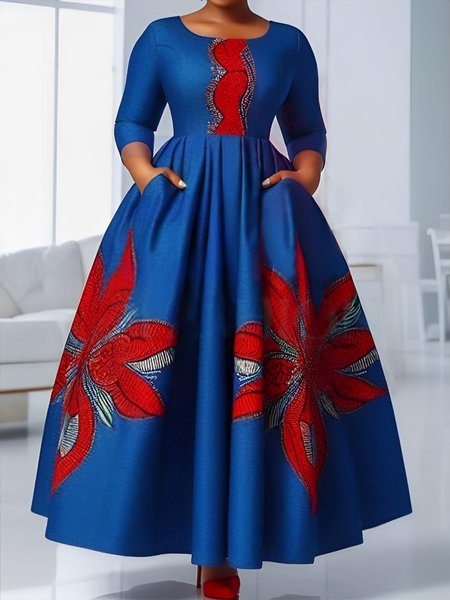 

Elegant Ethnic Patterns Crew Neck Maxi Dress, Blue, Maxi Dresses