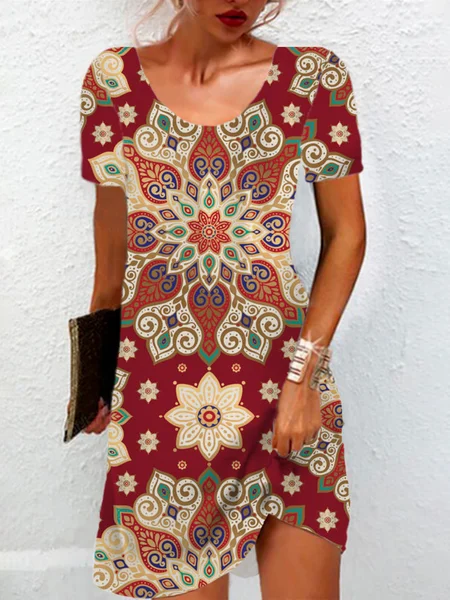 

Women's Short Sleeve Summer Ethnic Jersey Dress Crew Neck Daily Going Out Casual Mini H-Line T-Shirt Dress, Wine red, Dresses
