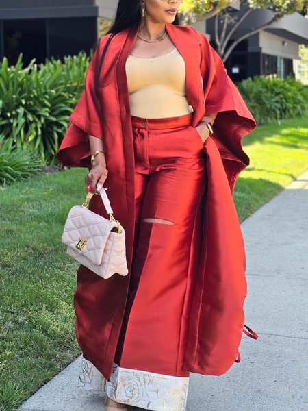 

Casual Raglan Sleeve Loosen Plain V Neck Kimono, Red, Kimonos