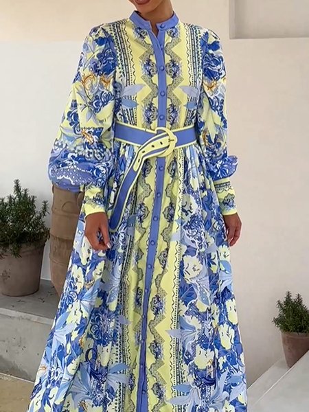 

Urban Floral Balloon Sleeve Printing Stand Collar Maxi Dress With Belt, As picture, Maxi Dresses