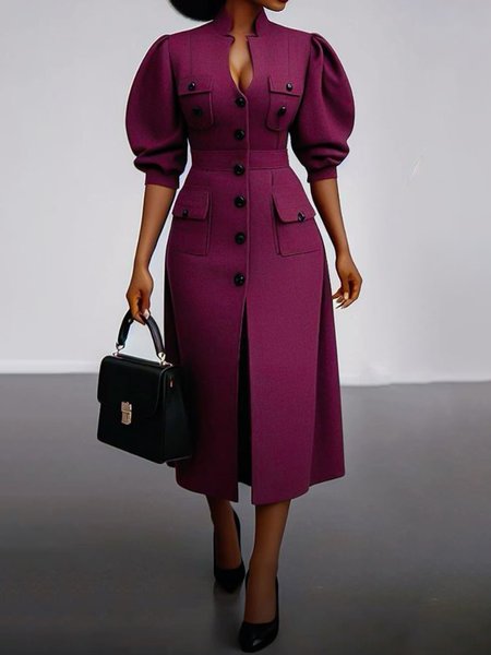 

Urban Plain Stand Collar Midi Dress, Burgundy, Midi Dresses