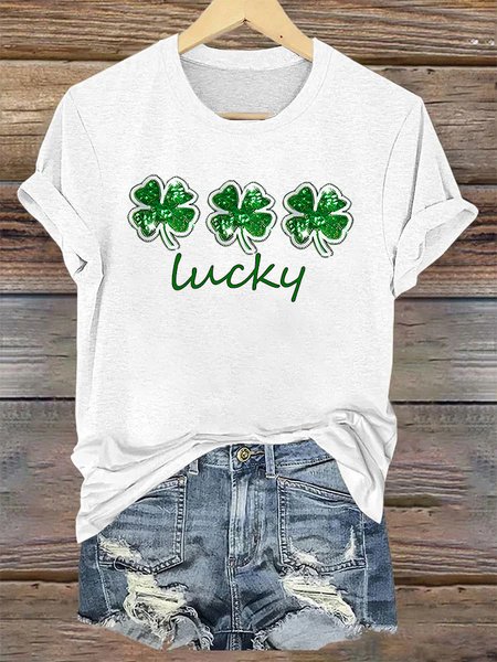 

Women's St. Patrick's Day Lucky Clover Print Casual Cotton T-Shirt, White, T-shirts