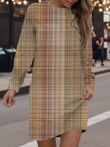 

Women's Long Sleeve Spring/Fall Geometric Dress Crew Neck Daily Going Out Casual Mini H-Line Hip Skirt, Khaki, Dresses