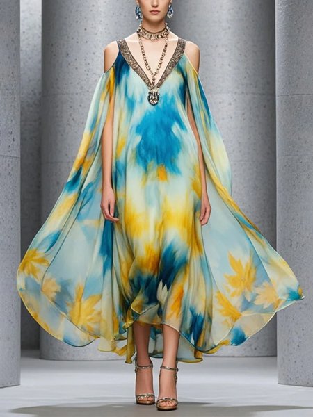 Vacation Random Print Off Shoulder Sleeve Printing V Neck Maxi Dress, As picture, Maxi Dresses