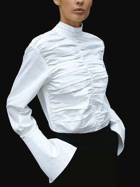 

Cotton Urban Plain Ruched Mock Neck Blouse, White, Blouses and Shirts
