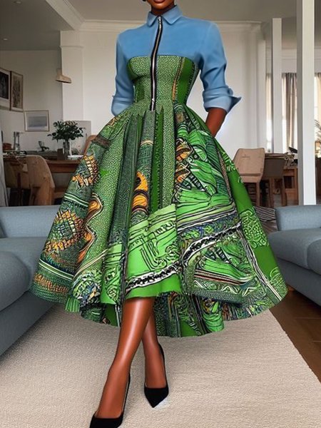 

Urban Color Block Shirt Collar Maxi Dress, As picture, Maxi Dresses