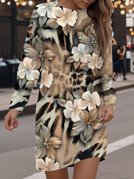 

Women's Long Sleeve Spring/Fall Leopard Dress Crew Neck Daily Going Out Casual Mini H-Line Hip Skirt, Brown, Dresses
