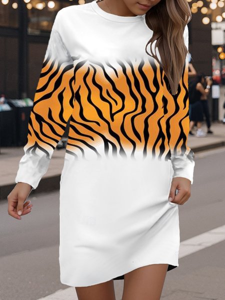 

Women's Long Sleeve Spring/Fall Zebra Dress Crew Neck Daily Going Out Casual Mini H-Line Hip Skirt, Orange, Dresses