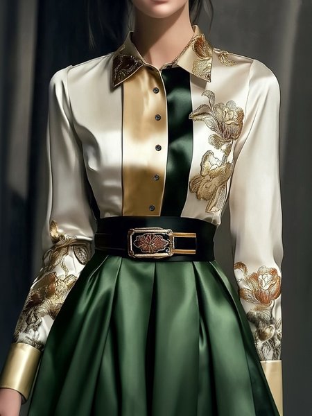 Urban Floral Split Joint Shawl Collar Shirt, As picture, Blouses and Shirts