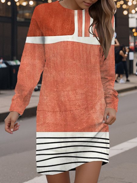 

Women's Long Sleeve Spring/Fall Geometric Dress Crew Neck Daily Going Out Casual Mini H-Line Hip Skirt, Orange, Dresses