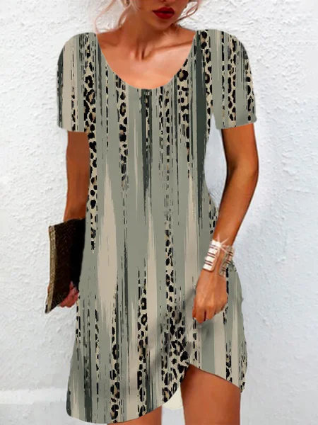 Leopard Print Short Sleeve Crew Neck Dress, Gray, Dresses