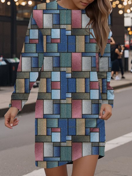 

Women's Long Sleeve Spring/Fall Geometric Dress Crew Neck Daily Going Out Casual Mini H-Line Hip Skirt, Blue, Dresses