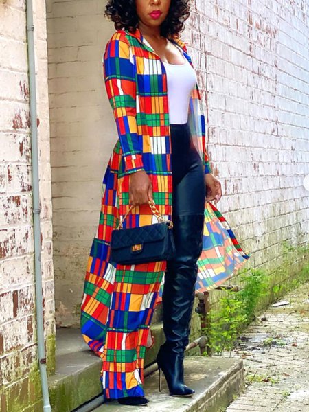 

Casual Loosen Plaid Shirt Collar Kimono, As picture, Kimonos