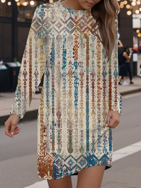 

Women's Long Sleeve Spring/Fall Ethnic Dress Crew Neck Daily Going Out Casual Mini H-Line Hip Skirt, Apricot, Dresses
