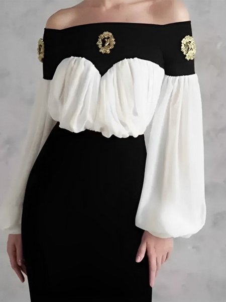 

Elegant Color Block Split Joint Cold Shoulder Balloon Sleeve Blouse, Black-white, Blouses and Shirts
