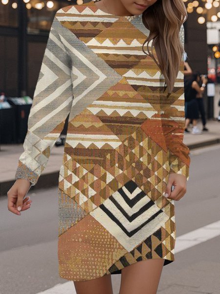

Women's Long Sleeve Spring/Fall Geometric Dress Crew Neck Daily Going Out Casual Mini H-Line Hip Skirt, Khaki, Dresses