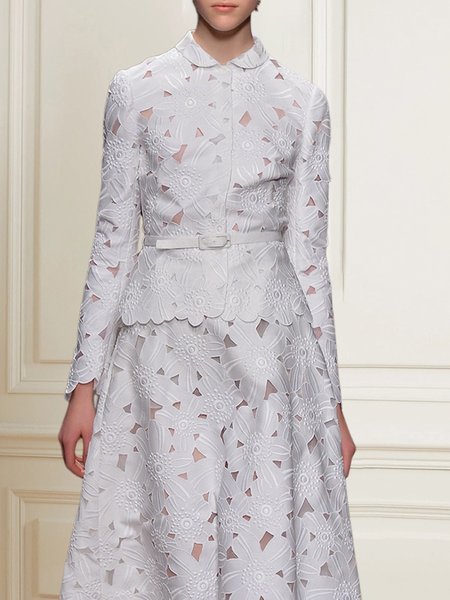

Elegant Plain Hollow Out Shawl Collar Shirt With No Belt, White, Blouses and Shirts