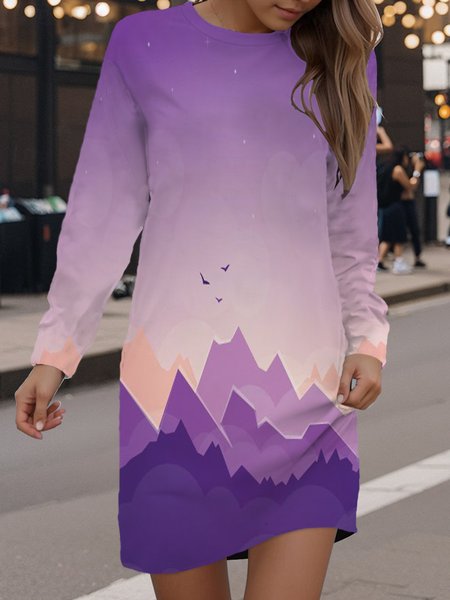 

Women's Long Sleeve Spring/Fall Ombre Dress Crew Neck Daily Going Out Casual Mini H-Line Hip Skirt, Purple, Dresses