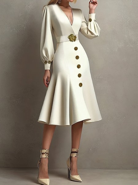 

Elegant Plain Balloon Sleeve Buttoned V Neck Midi Dress With Belt, Off white, Midi Dresses